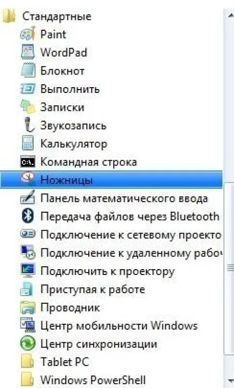 Использование для скриншота утилиты «Ножницы»