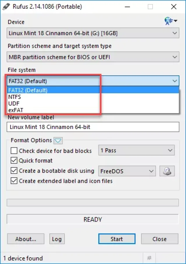 Выбираем файловый тип FAT32 или NTFS