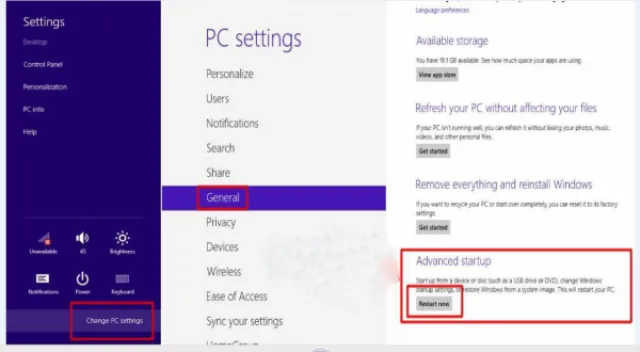 На экране «General PC Settings» находим раздел «Advanced startup» и нажимаем на кнопку «Restart now»