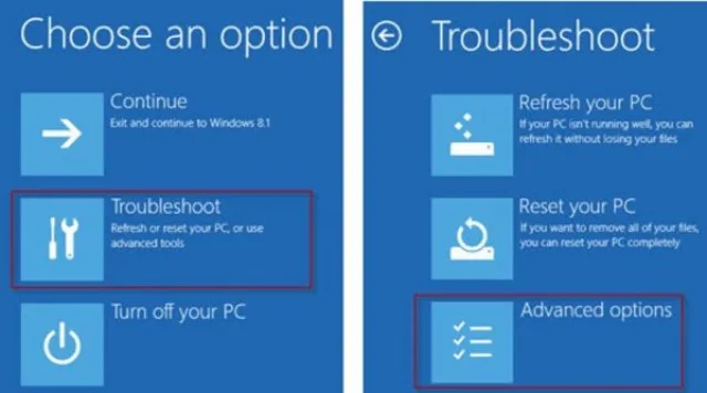 Нажимаем на кнопку «Troubleshoot», далее на «Advanced option»