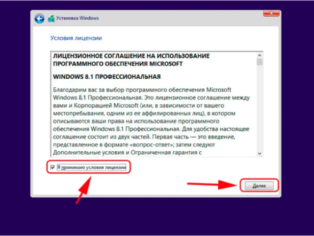 Принимаем условия лицензионного соглашения и нажимаем «Далее»
