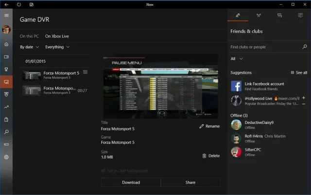 Интерфейс программы Windows 10 Game DVR
