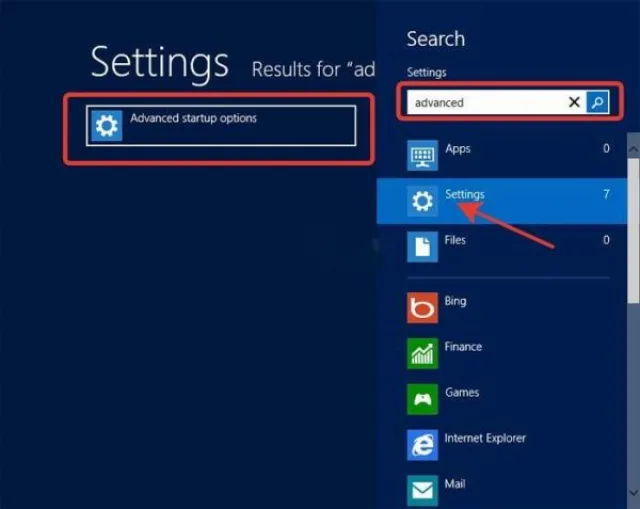 Вводим «advanced» в текстовое поле поиска системы и нажимаем на иконку «Settings»
