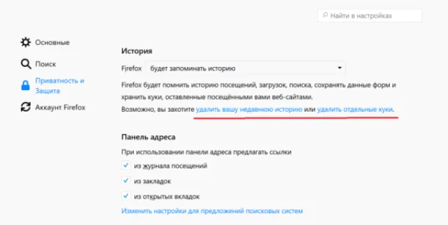 Для удаления куки нажимаем «Удалить вашу недавнюю историю» или «Удалить отдельные куки»