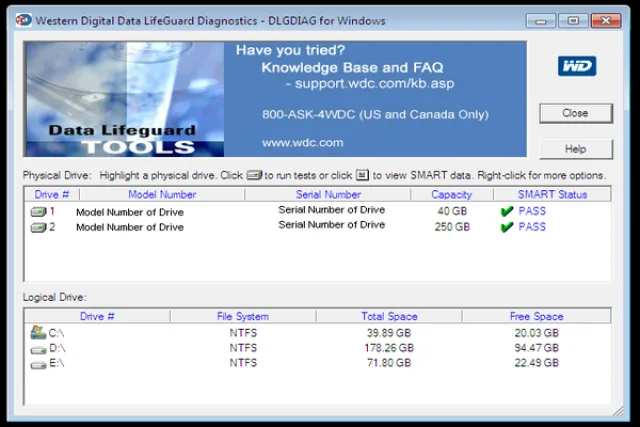 Интерфейс программы Data Lifeguard Diagnostics