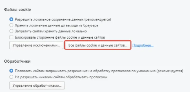 Нажимаем «Все файлы cookie и данные сайтов»