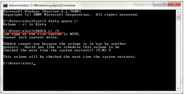 В открывшемся окне консоли вводим команду chkdsk/f, нажимаем Enter