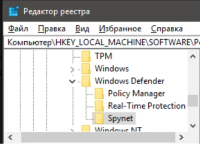 В разделе «Windows Defender» создаем подраздел «Spynet»