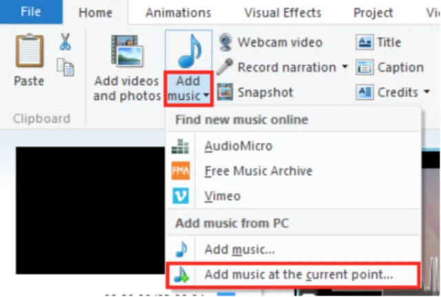 Выбираем «Add music at the current point»