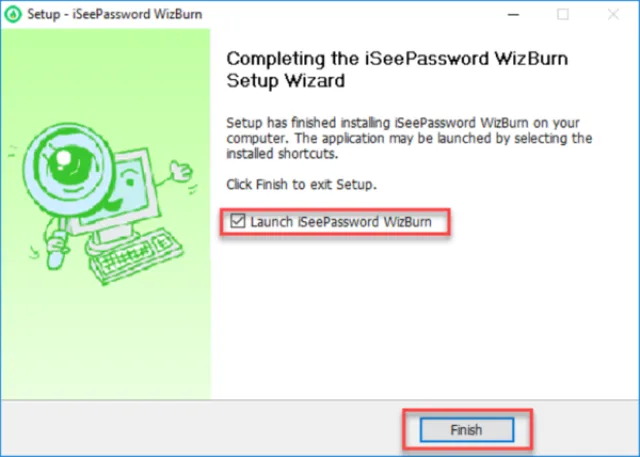 Ставим галочку на пункт «Launch iSeePassword Wizburn», нажимаем «Finish»