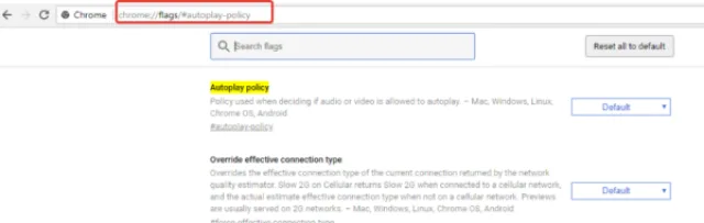 В адресную строку браузера вставляем ссылку «chromeflags#autoplay-policy»