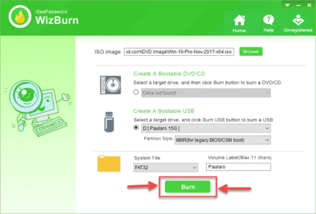 Выбираем параметры, подходящие для нашего BIOS, нажимаем «Burn»