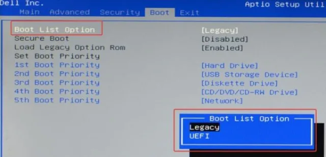 Заходим во вкладку «Boot», далее в параметр «Boot List Option» и выбираем нужный вариант загрузки