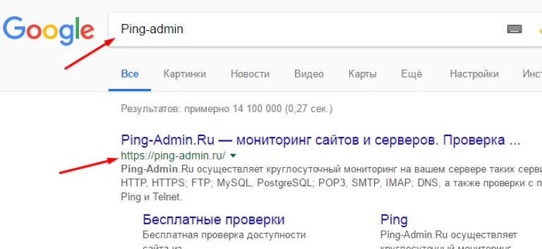 В поисковую строку браузера вводим название сервиса Ping-admin, переходим по ссылке на официальный сайт