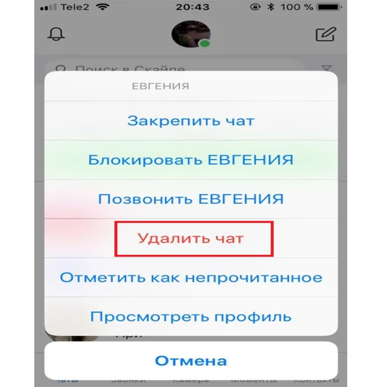 Нажимаем пальцем на нужную беседу и не отпускаем пока не появится меню, в котором выбираем «Удалить чат»
