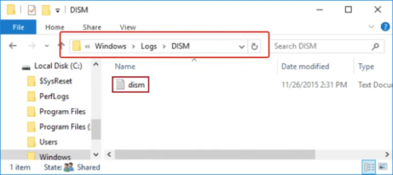 Проверяем файл, перейдя по указанному пути «C:»-«Windows»-«Logs»-«DISM»-«DISM.log», открываем двойным щелчком мыши