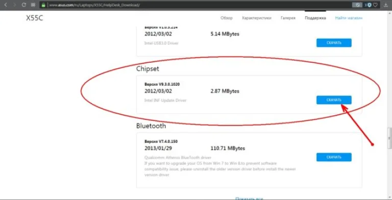 Находим пункт «Chipset», нажимаем «Скачать»