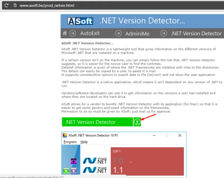 Переходим на сайт разработчика утилиты .NET Version Detector, нажимаем на значок загрузки