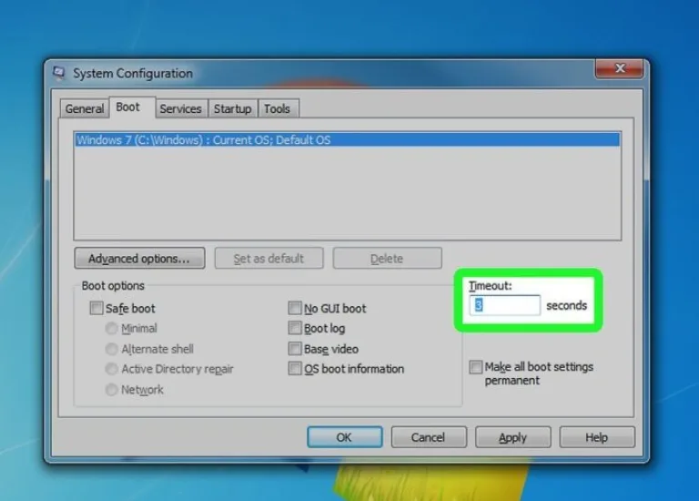 Переходим на вкладку «Boot» и выставляем в окне «Таймаут» («Timeout») 3 сек (seconds)