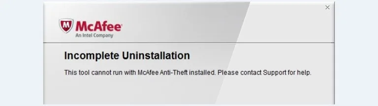 Сообщение о невозможности удаления McAfee с помощью MCPR