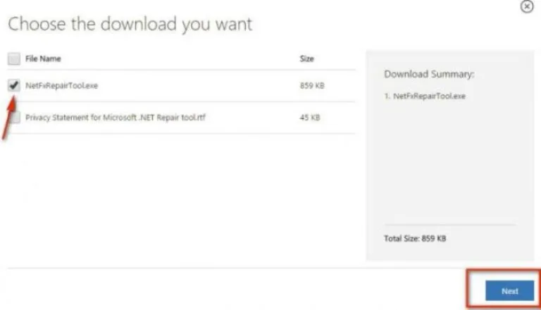 Ставим галочку на пункт «NetFxRepairTool.exe», нажимаем «Next»