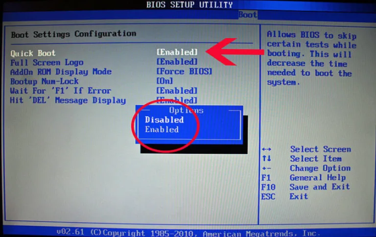 В меню «Boot» («Boot Settings Configuration») открываем опцию «Quick Boot» («Быстрая загрузка»), выставляем значение «Enabled»