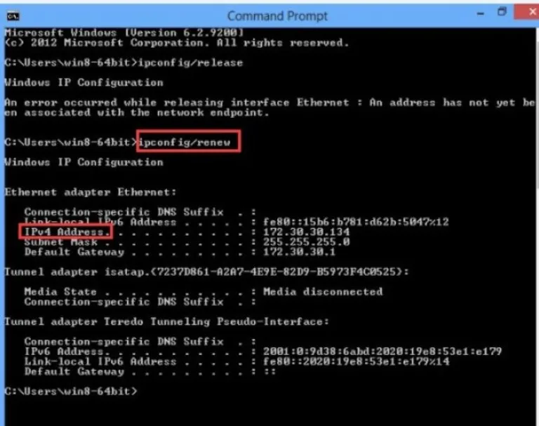 Вводим команду «ipconfig /renew», нажимаем «Enter»
