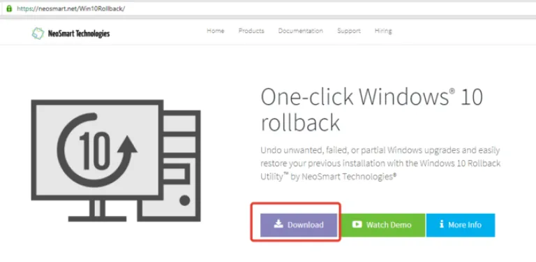На надежном сайте скачиваем Windows 10 Rollback Utility, нажав «Download»