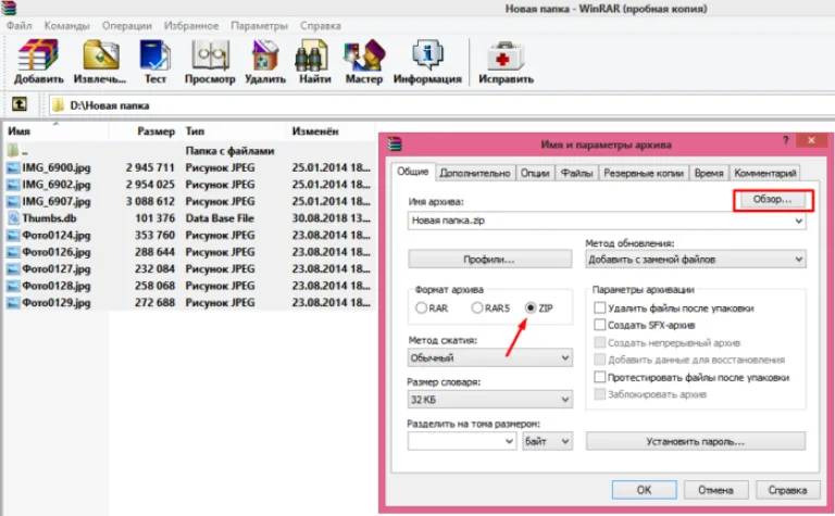 Ставим галочку на пункт «ZIP», нажимаем кнопку «Обзор»