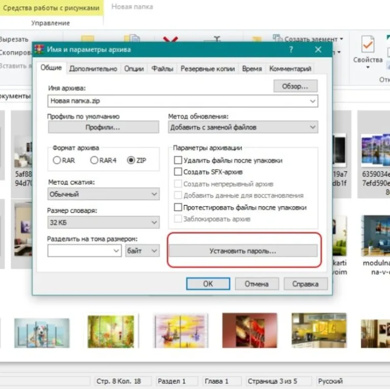 Указываем формат «ZIP» и нажимаем на кнопку «Установить пароль»