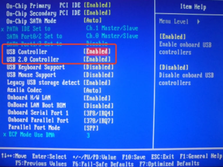 Напротив пунктов «USB Controller» и «USB 2.0 Controller» проверяем, чтобы стояло значение «Enabled»