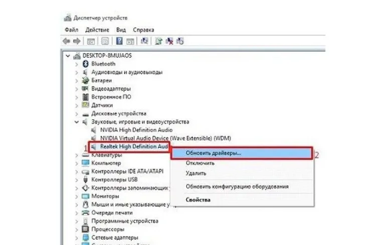 Нажимаем правым щелчком мыши на нужном девайсе кликаем «Обновить драйверы»