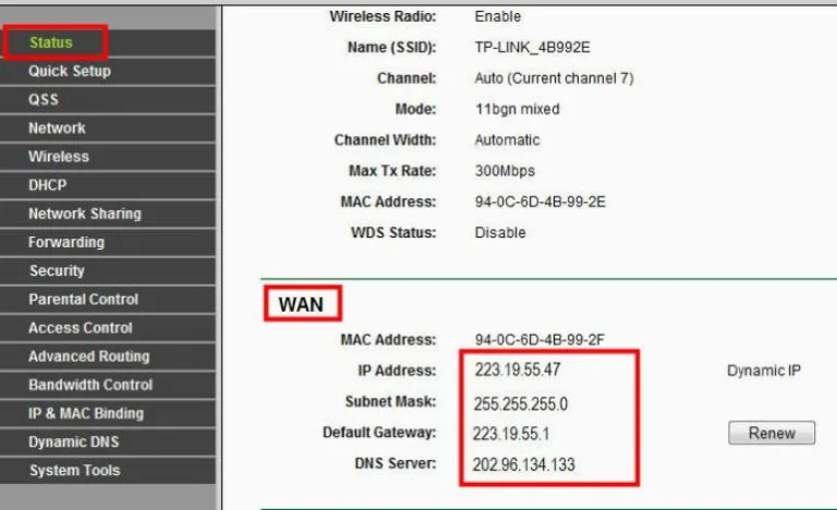 Щелкаем по закладке «Status» и в разделе «WAN» читаем «IP Address»