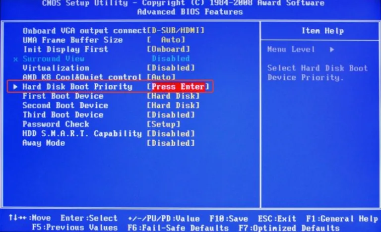 Стрелкой вниз перемещаемся к пункту «Hard Disk Boot Priority», нажимаем «Enter»