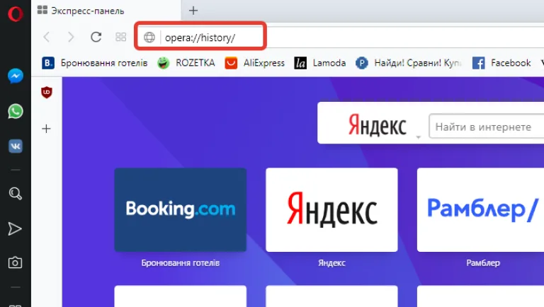 В браузере Опера вводим в адресной строке «operahistory», нажимаем «Enter»