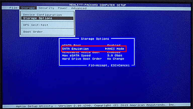 Изменяем значение напротив «SATA Emulation» на «AHCI Mode»