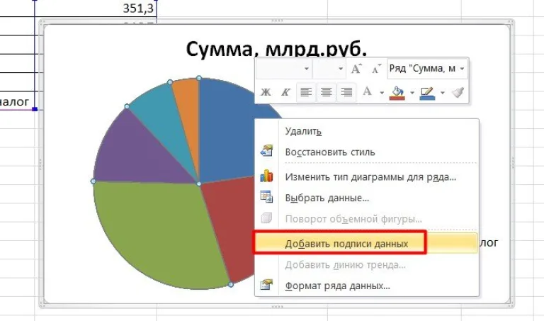Кликаем по кругу диаграммы правой клавишей, нажимаем на «Добавить подписи данных»
