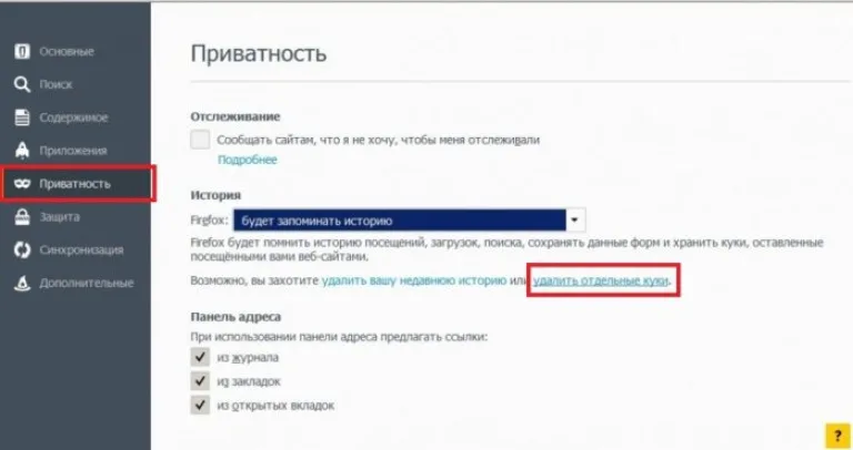 Переходим в раздел под названием «Приватность», в графе «История» нажимаем на «Удалить отдельные куки»
