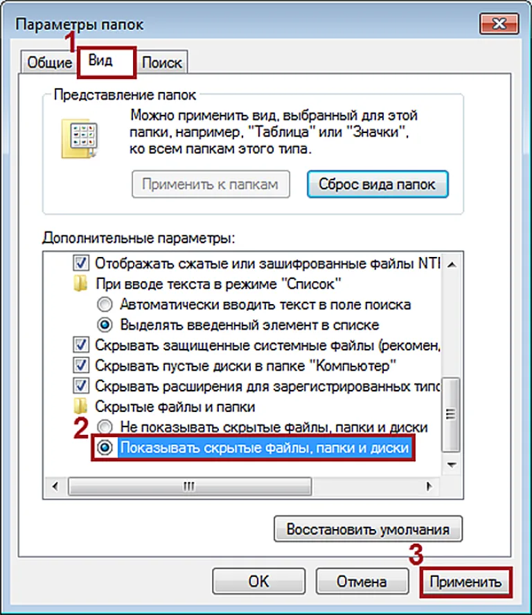 Устанавливаем галочку рядом с пунктом «Скрытые элементы»