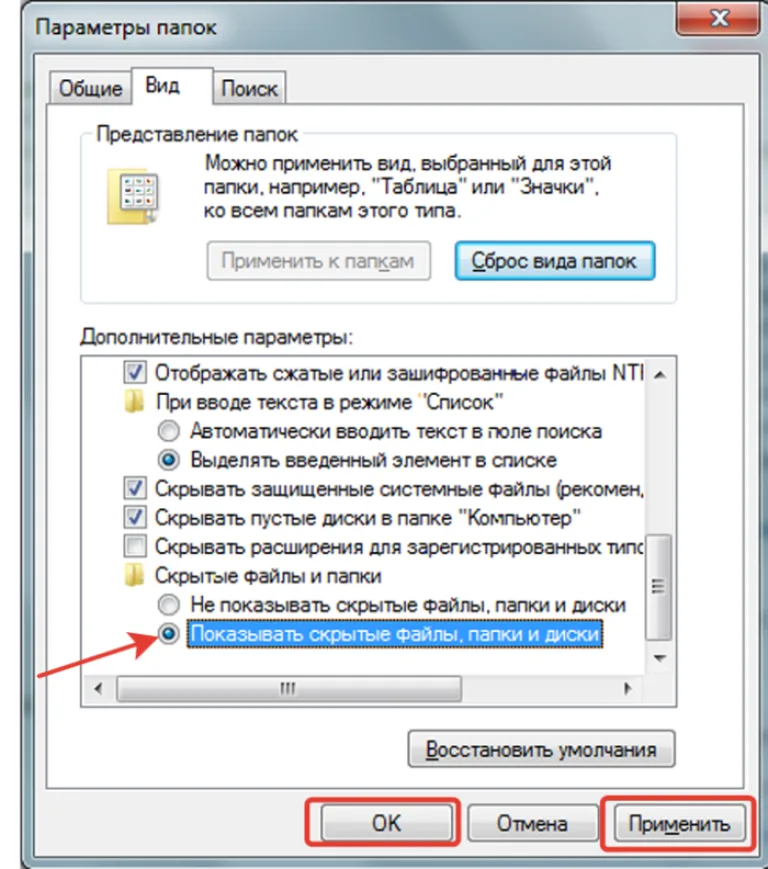 Устанавливаем птичку возле пункта «Показ скрытых документов», нажимаем «Применить», затем «ОК»