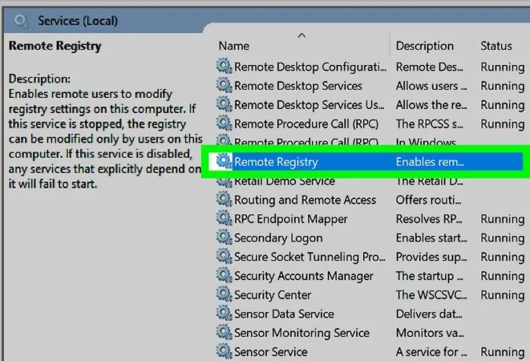 В «Службы Windows» находим службу «Remote Registry»