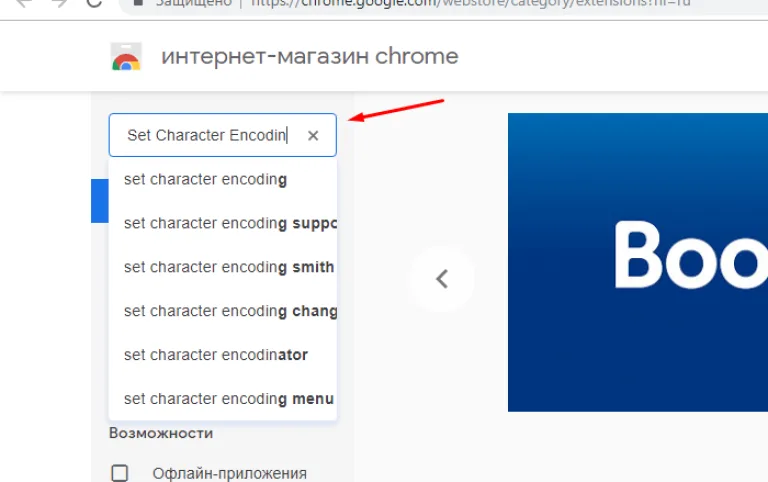 В поле для поиска вводим Set Character Encodin, нажимаем «Enter»