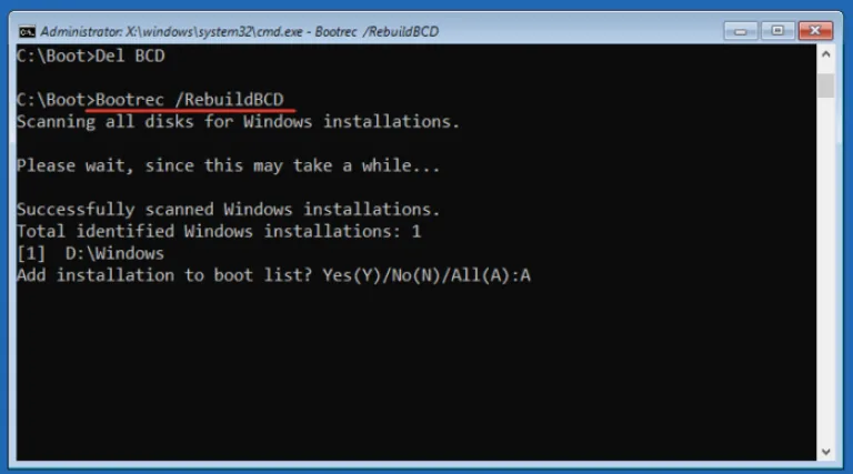 Вводим команду «bootrec.exe RebuildBCD», нажимаем «Enter»