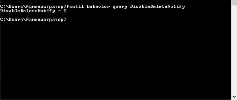 Вводим в командную строку «fsutil behavior query DisableDeleteNotify» и нажимаем «Enter»