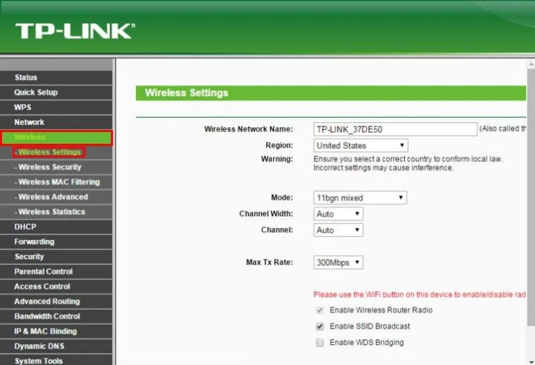 Выбираем слева «Wireless» и щёлкаем «Wireless settings»