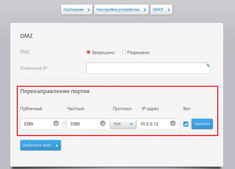 Выставляем требуемый протокол и IP-адрес устройства, для которого создается порт