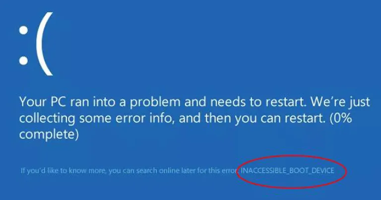 INACCESSIBLE_BOOT_DEVICE при загрузке Windows 10