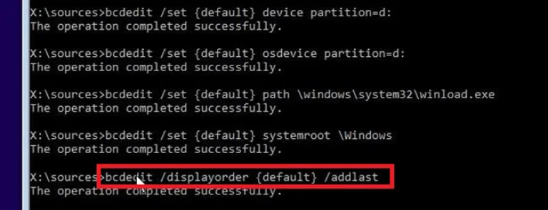 Команда «bcdedit /displayorder» для установки очереди