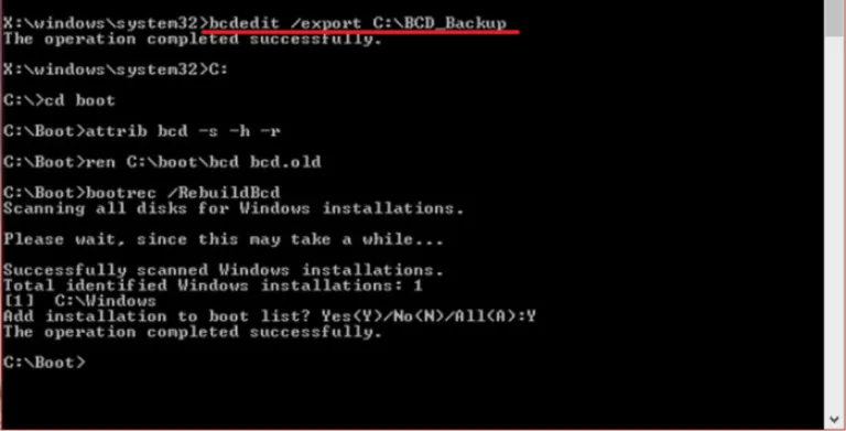 Команда «bcdedit /export», с указанием своего диска, сохраняет загрузочные файлы в указанном месте