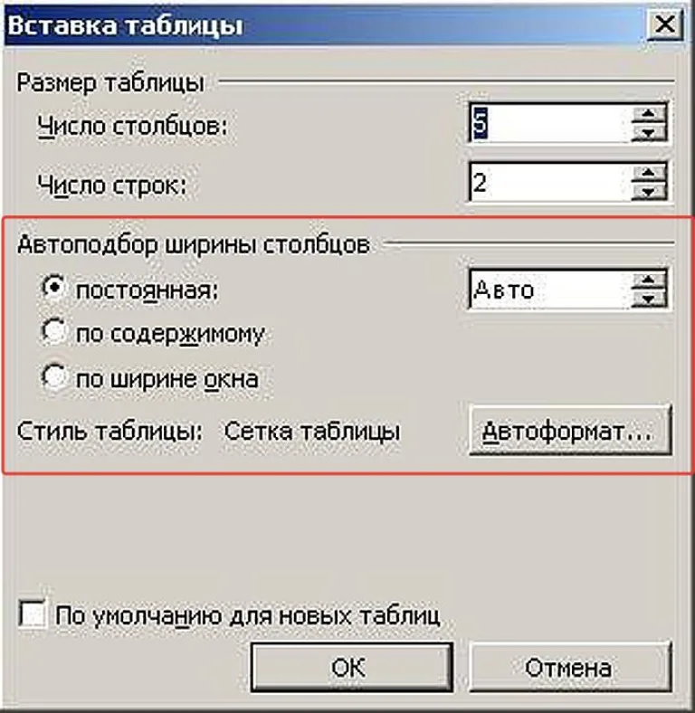 Настройки параметра «Автоподбор ширины столбцов»